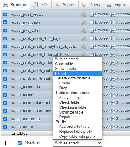 backup database di phpmyadmin