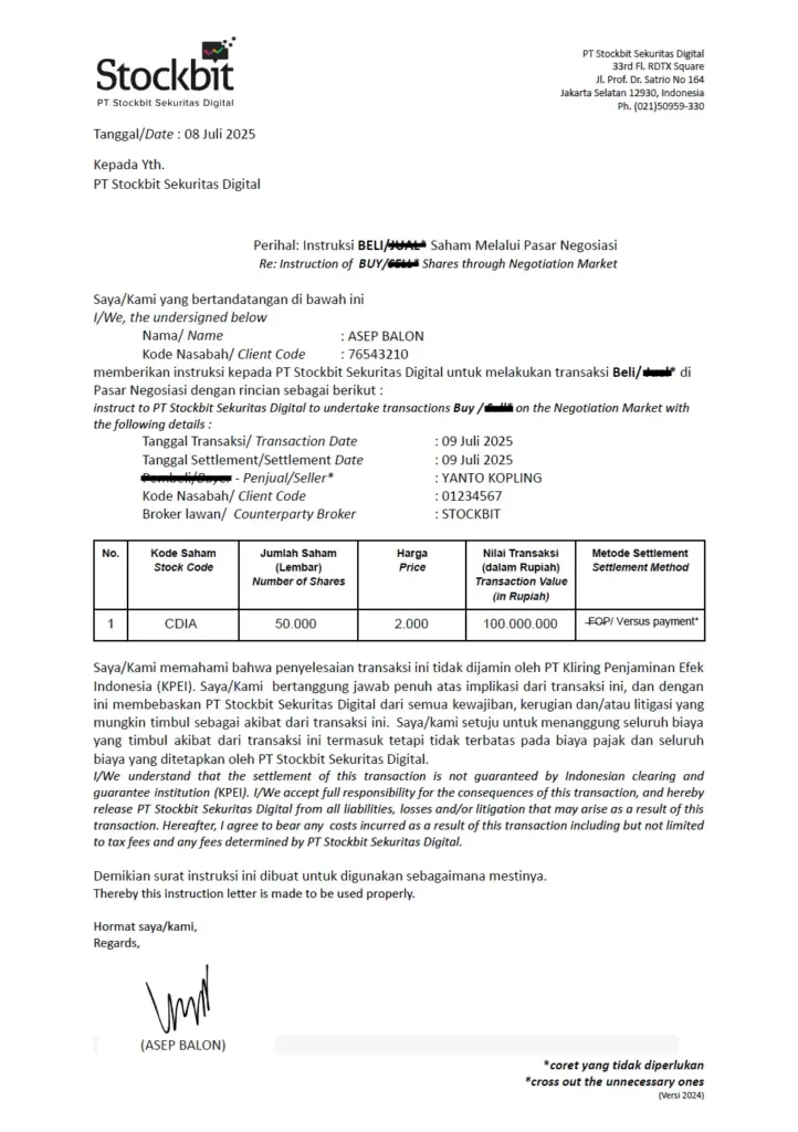 contoh form beli saham pasar nego