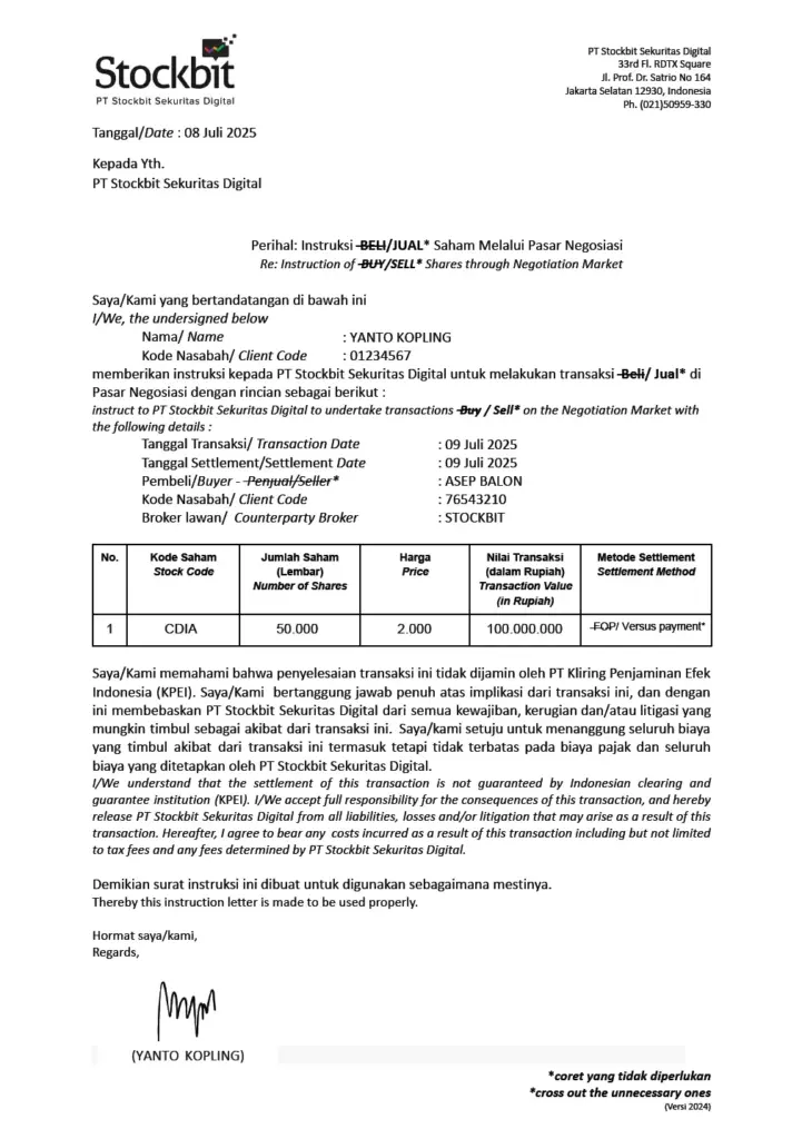 contoh form jual saham pasar nego